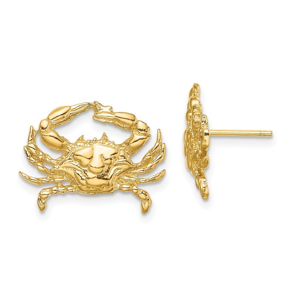Million Charms 14k Yellow Gold 2-D Blue Crab Post Earrings